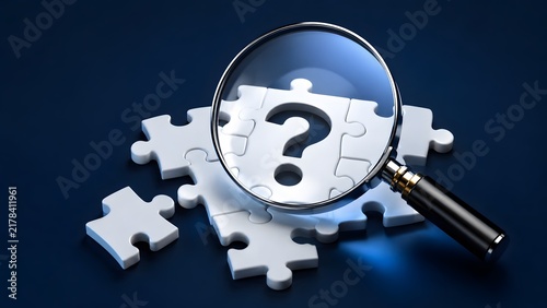 Dramatic lighting on white jigsaw puzzle pieces with a magnifying glass focusing on a question mark representing investigation and complex problem solving