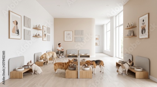 Caregiver supervising multiple dogs eating and playing in a bright modern Japandi pet daycare center