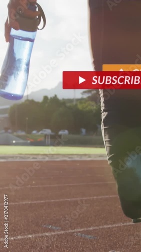 Animation of notification bars, athlete walking in race track with water bottle and bag