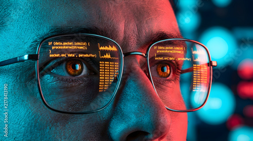 Obraz w ramie Programmer Focus Decoding Digital Data Through Glasses