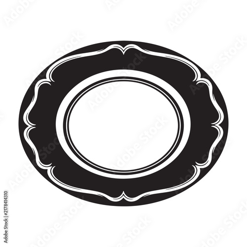 Decorative oval frame with an ornate scalloped border, black and white isolated on a white background, for labels or, signage use