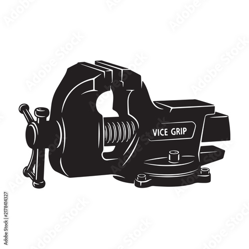 Detailed black and white of a heavy duty metal bench vice grip tool, isolated on a white background, for industrial use