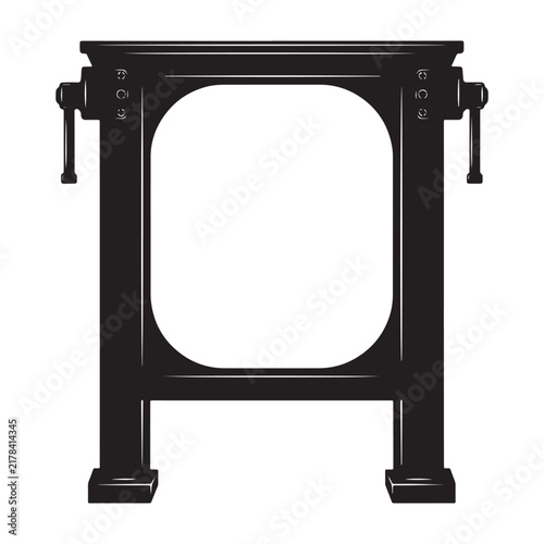 Industrial metal vise or clamp tool silhouette in black and white isolated on a white background, for workshop and, construction themes