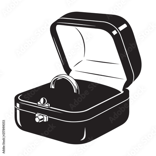 Open black jewelry box with a simple ring inside isolated on a white background, for luxury gift, and engagement or, wedding concepts