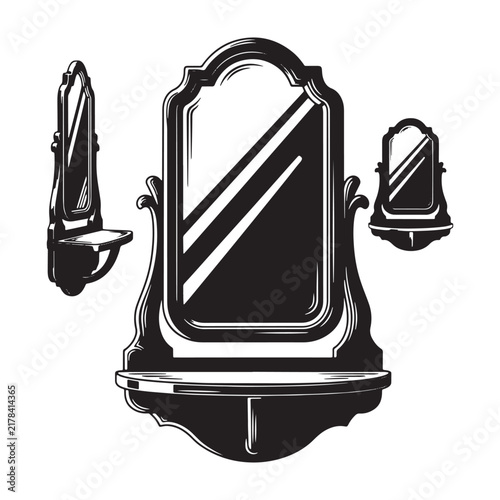 Set of three vintage style wall mirrors with decorative frames and shelves, black and white on a white background, for decor