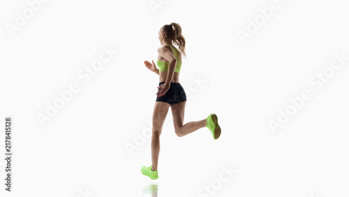 Canvas Print Rear side angle highlighting efficient running form on white background