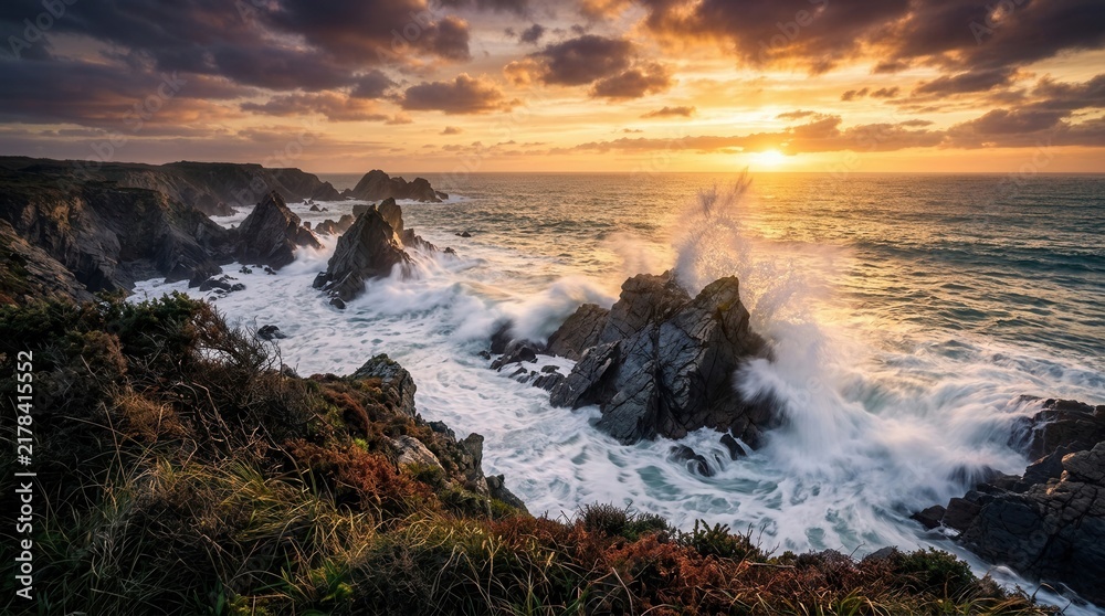 Fototapeta premium Jagged coastal cliffs and crashing waves during a golden sunset