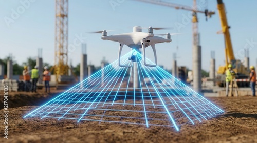 Precise site measurements and efficient planning enabled by a robotic surveying drone scanning a construction area with laser sensors.
