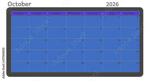 Quadro su tela Clean calendar layout for October 2026 with dark purple weekday header, blue date squares with white borders, and large empty blue date cells, suitable for scheduling and planner graphics