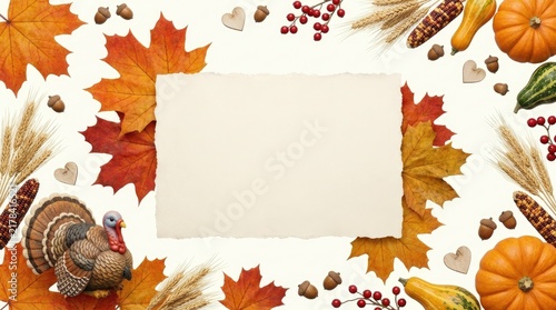 A beautiful seasonal frame featuring autumn falling maple leaves isolated on white background with a central blank space for your custom text and holiday message.Happy Thanksgiving 