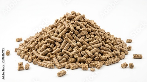 Clean white background featuring a pile of animal feed pellets