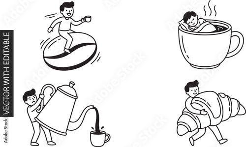 Cute hand drawn black and white coffee lover stickers set with a man surfing on coffee bean taking a nap in mug and holding giant croissant.