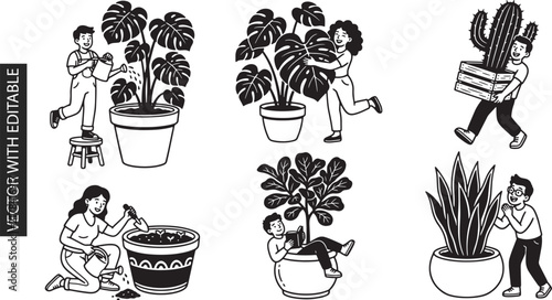 Charming collection of plant lovers taking care of houseplants black and white hand drawn stickers pack for home gardening hobby themes.