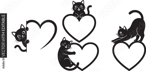Cute black kittens playing with heart shape frames decorative collection for romantic greeting cards and lovely valentines day craft project design.