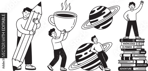 Inspirational knowledge power and creativity sticker set with characters hugging giant pencil lifting coffee cup and standing on books pile.
