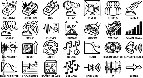 фотографія Black and White Line Art Icons of Guitar Effect Pedals and Audio Symbols