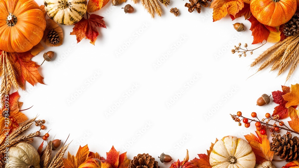 Fototapeta premium Autumn harvest frame with pumpkins and fall leaves on white background for Thanksgiving