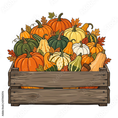 Harvest of Assorted Pumpkins and Gourds in Wooden Crate