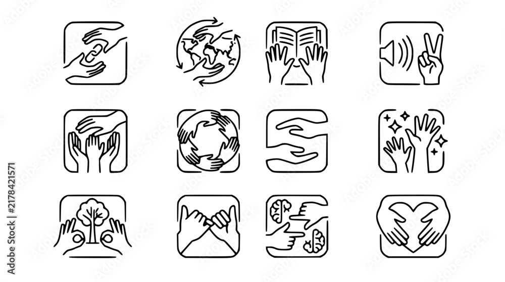 Fototapeta premium Set of 12 Icons: Hands, Charity, Community, Ideas, Global, Peace, Learning