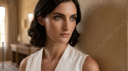 Portrait of an Elegant Brunette Woman in a Warm Minimalist Interior
