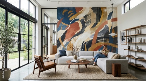 Modern Living Room with Abstract Mural and Large Windows