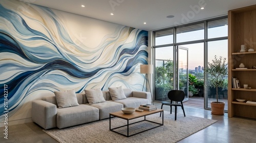 Modern Living Room with Abstract Wall Art and City View Balcony