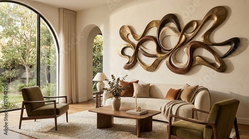 Modern Living Room with Arch Window, Sofa, Chairs, Coffee Table, and Wall Art