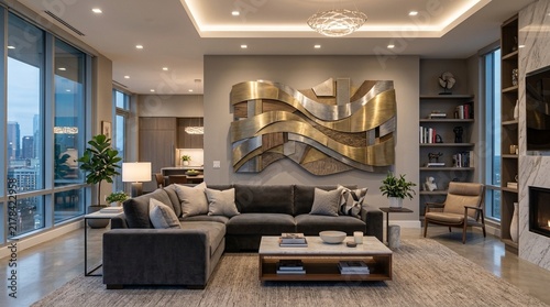 Modern Luxury Living Room with Abstract Metal Wall Art and City View