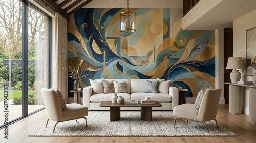 Modern Living Room with Abstract Mural and Cozy Seating