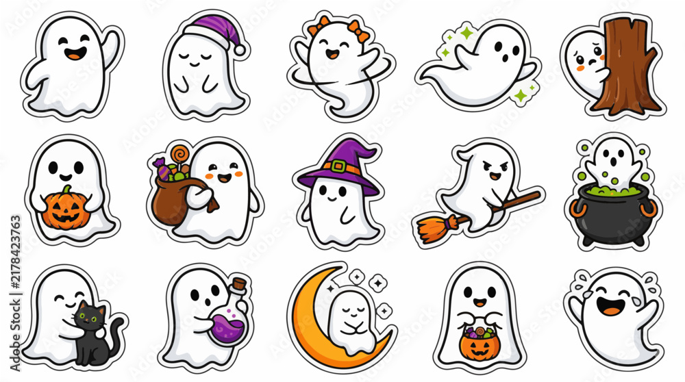 Fototapeta premium Cute Halloween Ghost Characters with Pumpkin Bag and Cauldron Sticker Set