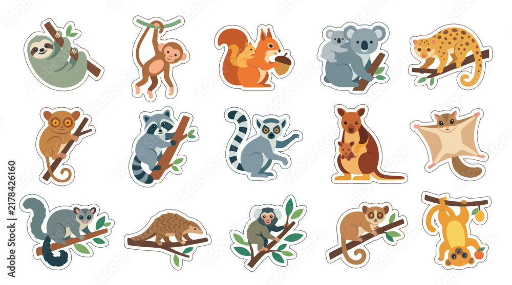 Fototapeta premium Cute Cartoon Forest Animals Sticker Pack - Sloth, Monkey, Squirrel, Koala, Kangaroo