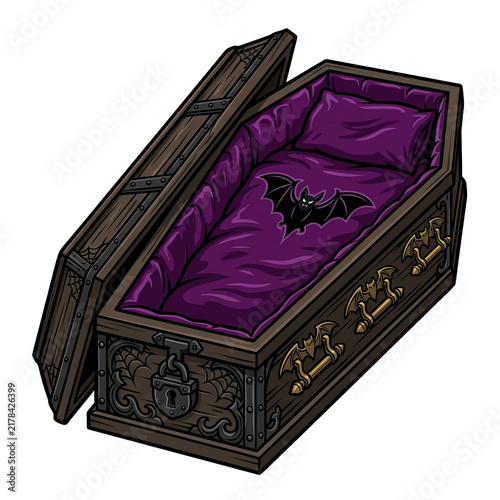 Open Coffin Lined With Purple Fabric And Decorated With Bat Motifs