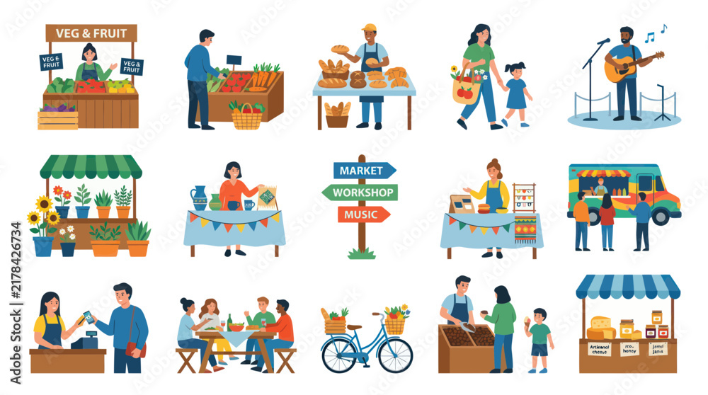 Fototapeta premium Flat Style Vector Illustrations of Farmers Market Stalls and Activities