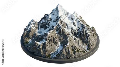 Snow capped mountain peak isolated on a circular platform
