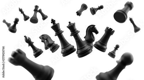 Floating black chess pieces isolated on a transparent background