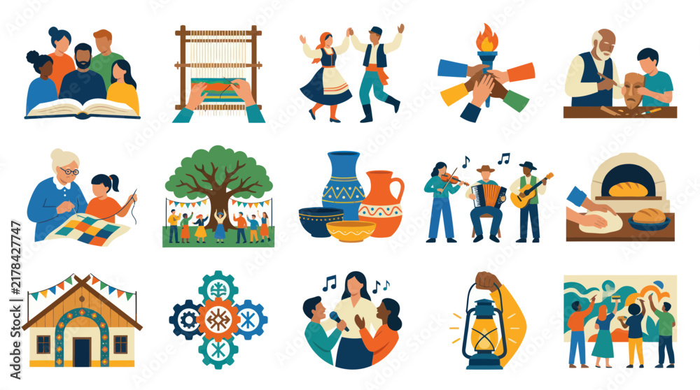 Fototapeta premium Flat Vector Illustration of Cultural Heritage and Traditions: Arts, Crafts, Music, Food