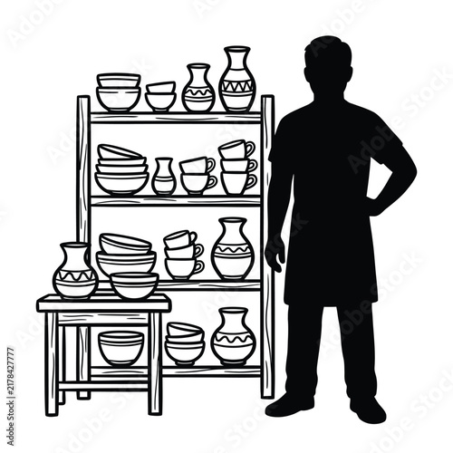 Potter standing next to a wooden shelf filled with handmade ceramic dishes and vases.