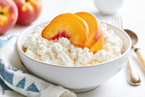 transparent cottage cheese topped with sliced peach in white bowl