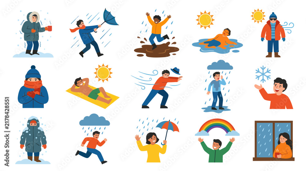 Fototapeta premium Flat Vector Illustration of People Experiencing Various Weather and Seasonal Conditions Concepts