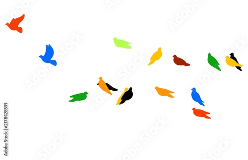 Фотография Simple silhouette illustration of a flock of colorful birds flying over a white background