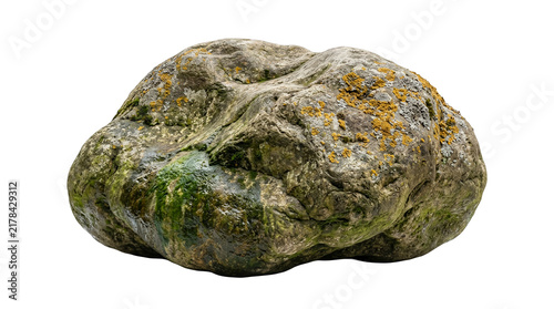 Large natural river rock with green moss and lichen isolated