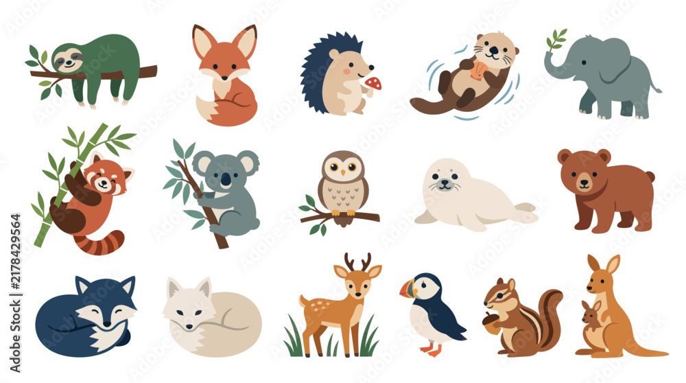 Fototapeta premium Cute Flat Cartoon Animals Vector Set. Wildlife Characters for Kids, Nature, and Educational Designs.
