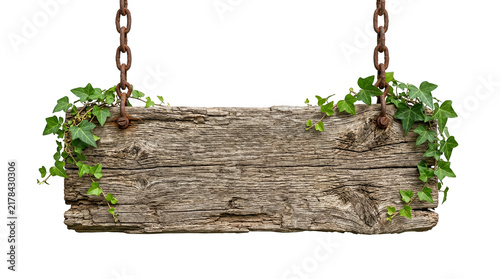 Rustic wooden sign hanging on metal chains with green ivy