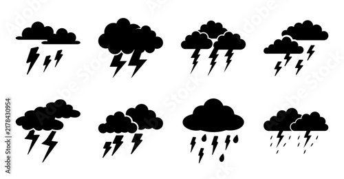 Black thunderstorm lightning weather icons set - A set of eight black and white icons showing different stages of thunderstorms and lightning bolts for weather-related projects.
