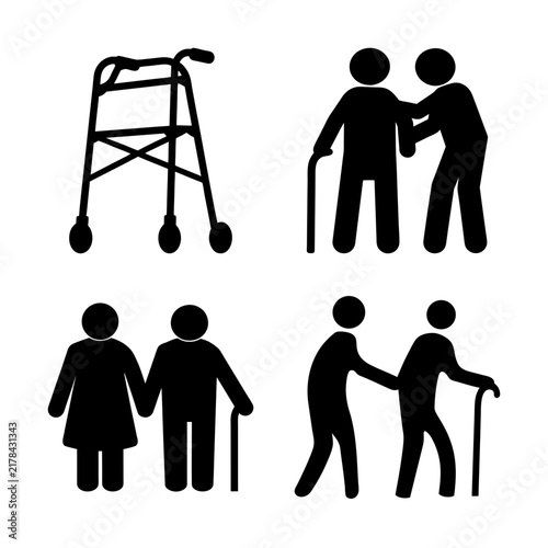 Elderly people using walking aids and support - Four black silhouette icons showing seniors with walkers, canes, and holding each other for support.