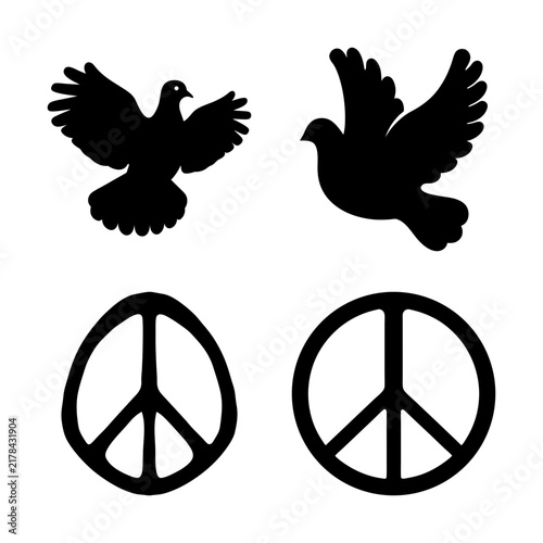 Black peace symbol with flying doves illustration - Minimalist black and white vector of peace symbols paired with flying doves, perfect for activism or harmony themes.