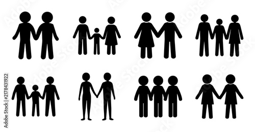 Silhouette family icons in various groups - Set of black silhouette icons showing different family groups and connections in a clean, minimal style.