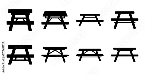 Black picnic table vector icons set - Minimalist black picnic table icons in various angles for design and digital use.