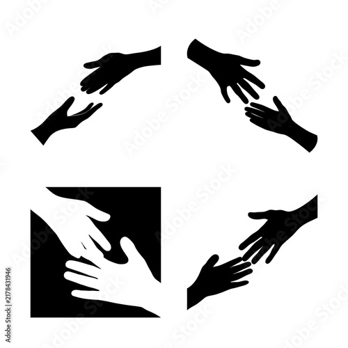Hands forming recycling symbol with arrows - Black and white vector icon showing four hands creating a recycling loop symbol with arrows.
