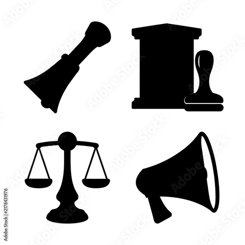 Four black law and speech icons set - Minimalist black icons representing law, justice, speech, and announcement in a clean style.